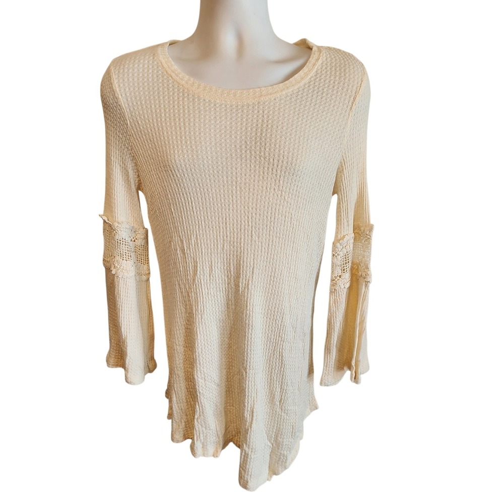 Studio JPR Waffle Knit Tunic Top Medium Cream Lace Bell Sleeve Boho NWT